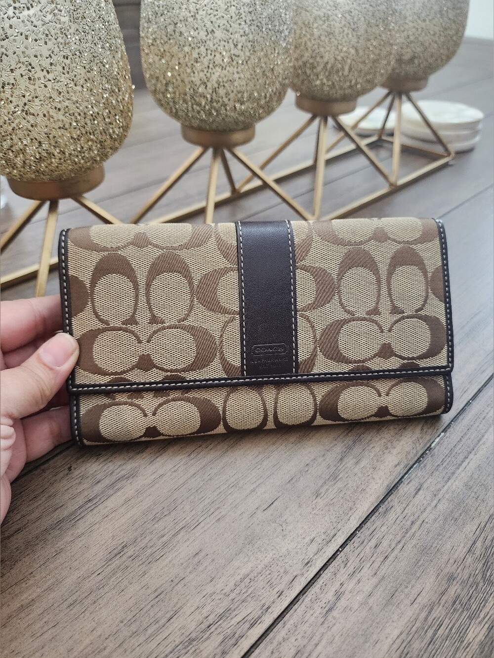 Coach Signature Canvas Brown Trifold Wallet